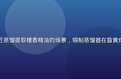 印度迈索尔白檀香木工坊中工匠蒸馏提取檀香精油的场景，铜制蒸馏器在昏黄灯光下散发古老工艺的温暖质感